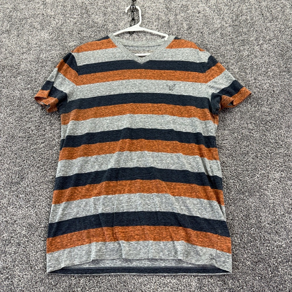 American Eagle T Shirt Mens Medium Gray Orange Blue Striped V Neck Athletic Fit